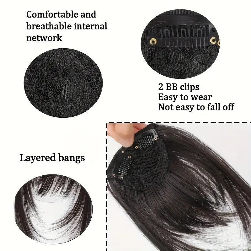 Synthetic Hair Clip-In Bangs Cut Wispy Fringe with Sideburns Dark Brown Natural Look for Women Daily Party Wear