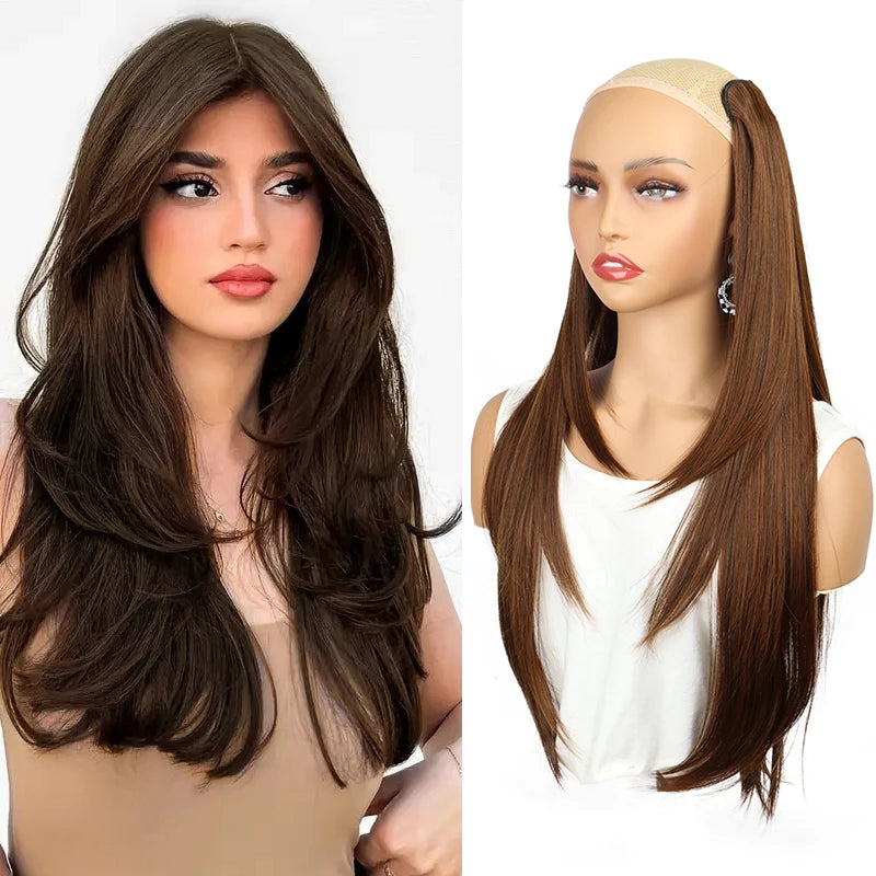 WIGSIN 22Inch Synthetic Long Straight Layered Clip-in Hair Extension V-shaped Black Blonde Invisible Hairpiece for Women
