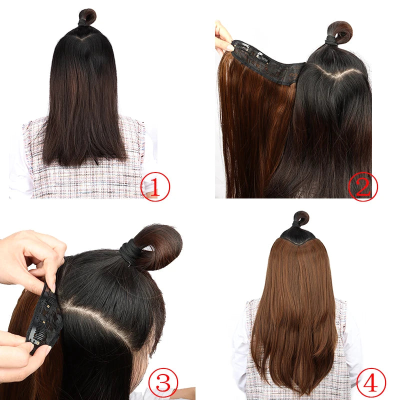 WIGSIN 22Inch Synthetic Long Straight Layered Clip-in Hair Extension V-shaped Black Blonde Invisible Hairpiece for Women