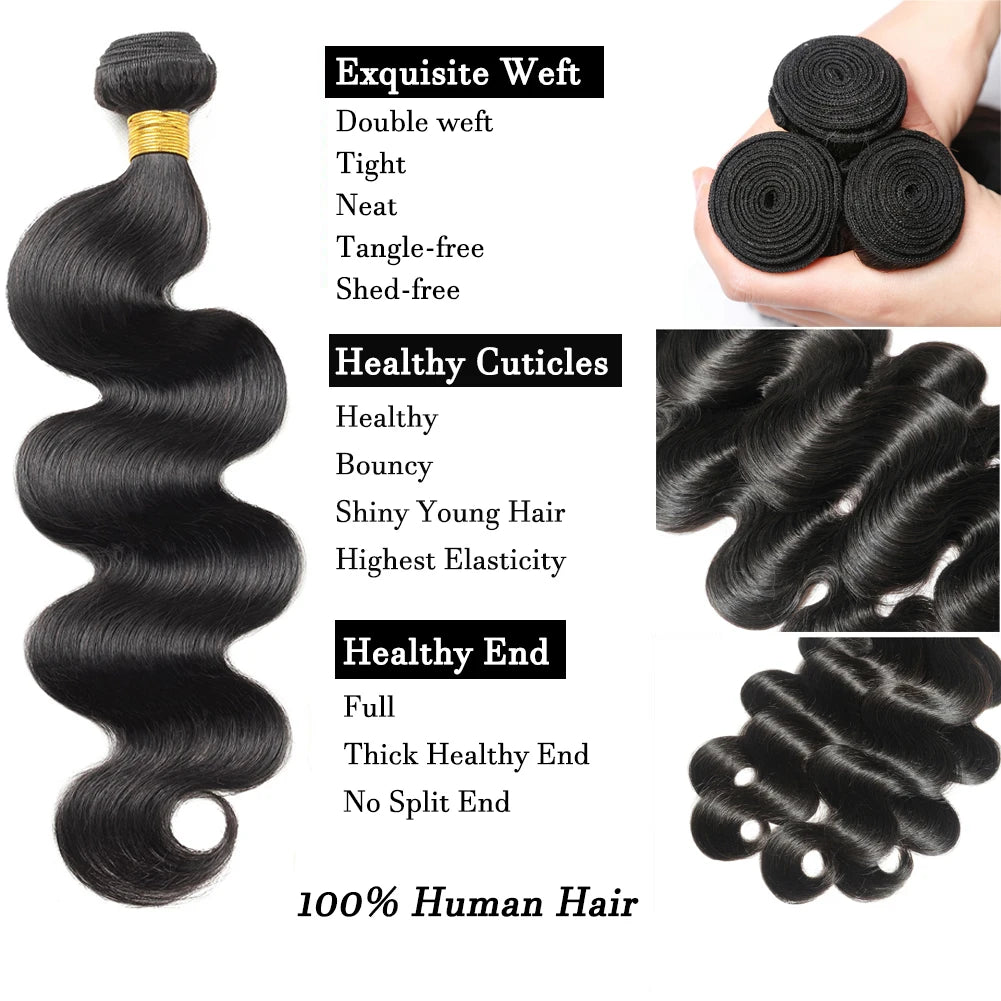 Newmi 12A Brazilian Body Wave Human Hair Bundles 100% Human Hair Extensions Natural Black 10-30 Inch 1/2/3/4pcs Bundles