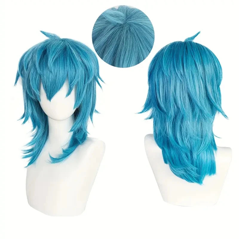 Artificial Medium-Length Straight Blue Salic Cosplay Hairstyle with Bangs - Heat-Resistant, Synthetic, Perfect for Halloween