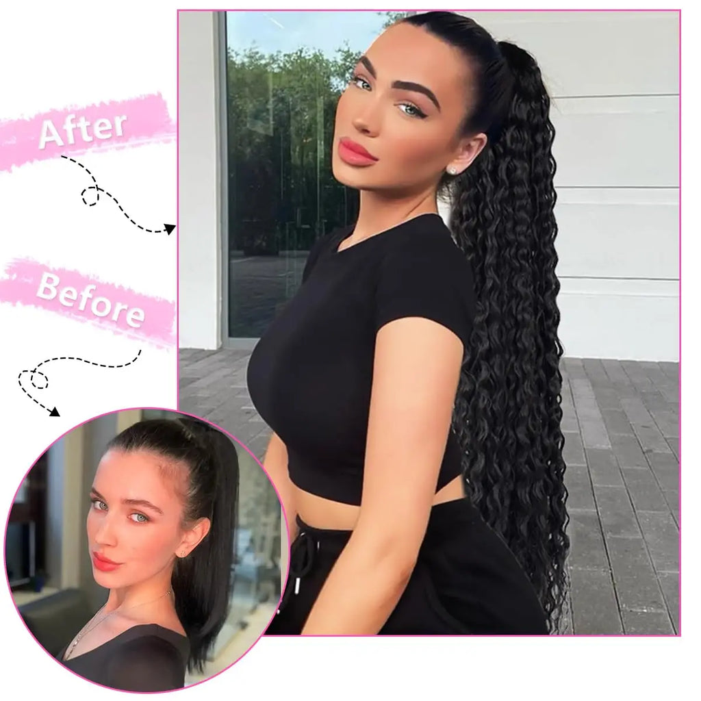 Synthetic Wig 24inch Long Curly Wave Drawstring Ponytail HairPieces Extension Heat Resistant Clip in For Women Girl