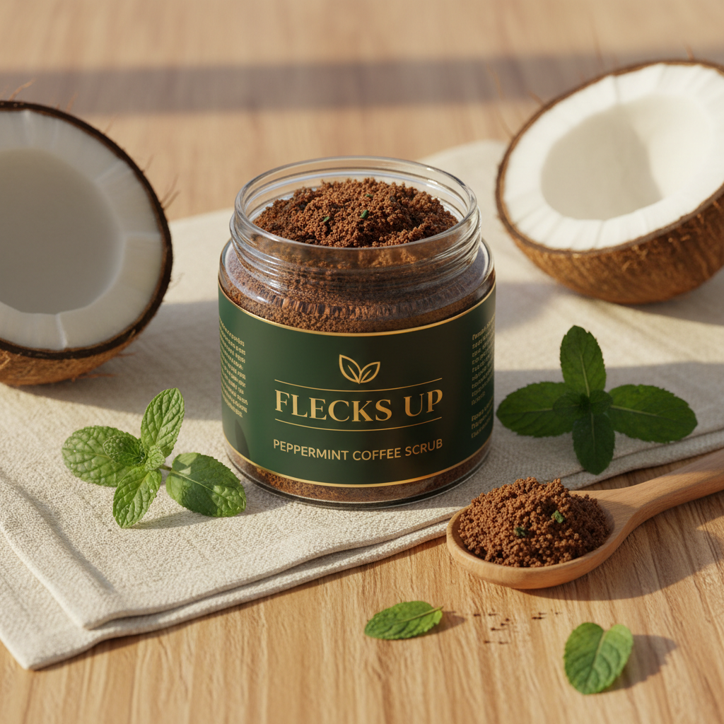 Peppermint Coffee Scrub warm natural lifestyle shot with wood and linen