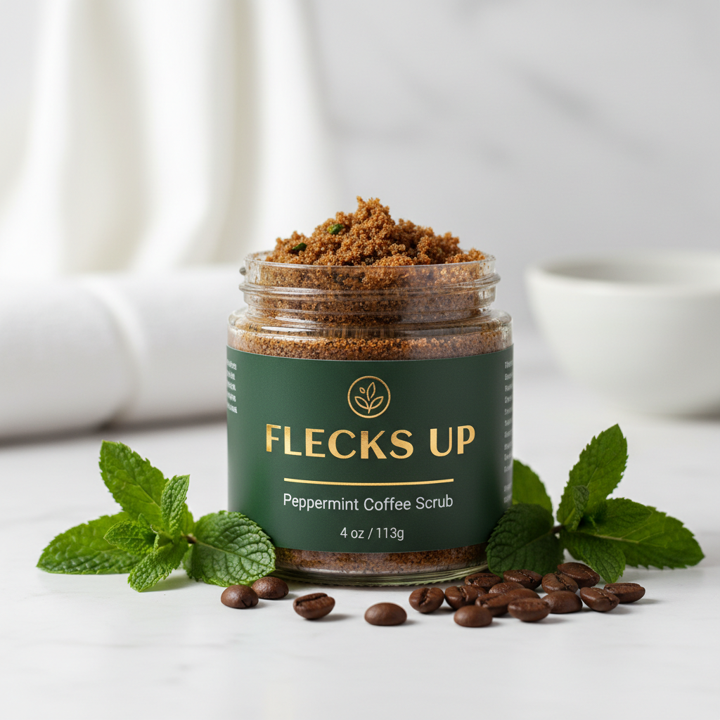 Peppermint Coffee Scrub on white marble with peppermint leaves and coffee beans
