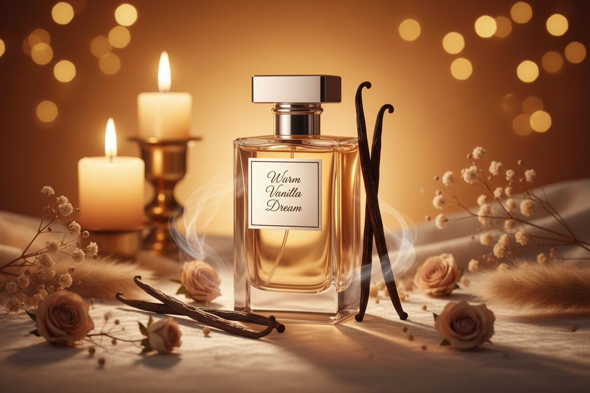 Warm Vanilla Dream Fragrance on amber cream candlelight background