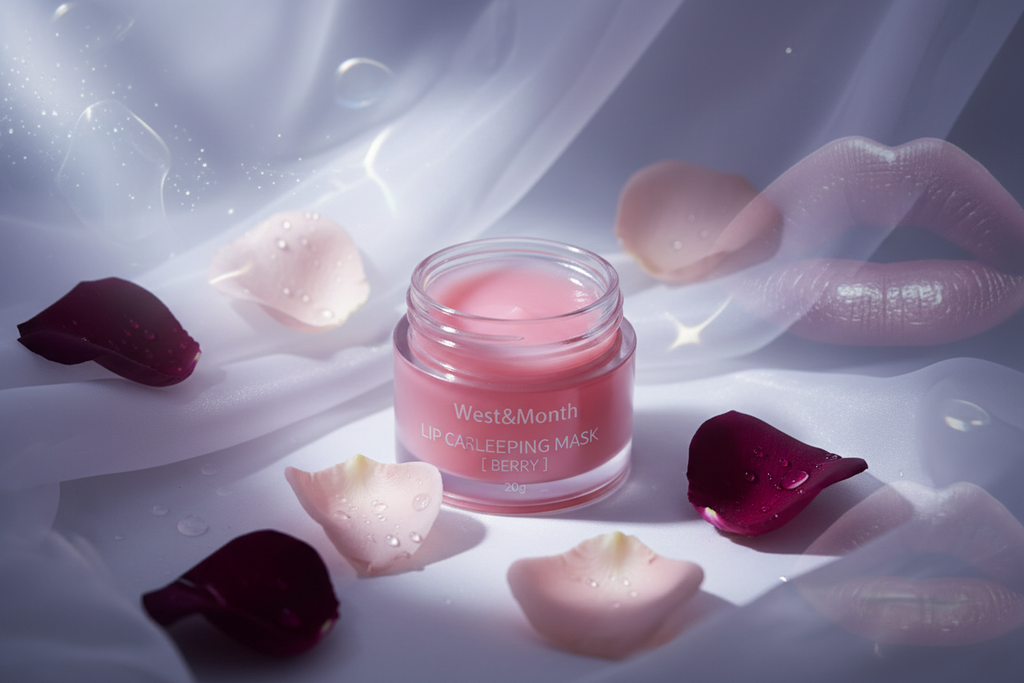 Lip Care Night Mask on midnight rose blush moonlight background